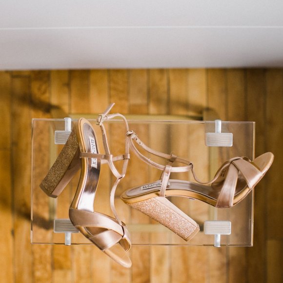 Badgley Mischka Copper Glitter Satin Block Heels 7 - Picture 6 of 7